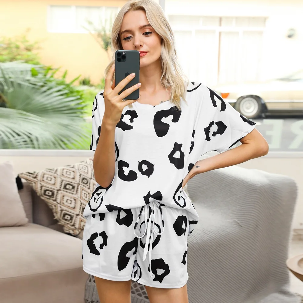 

Summer New Style Polyester Plus Size Women's Casual Short-sleeved Shorts Fashion Leopard Print Loose Home Service Two-piece Suit