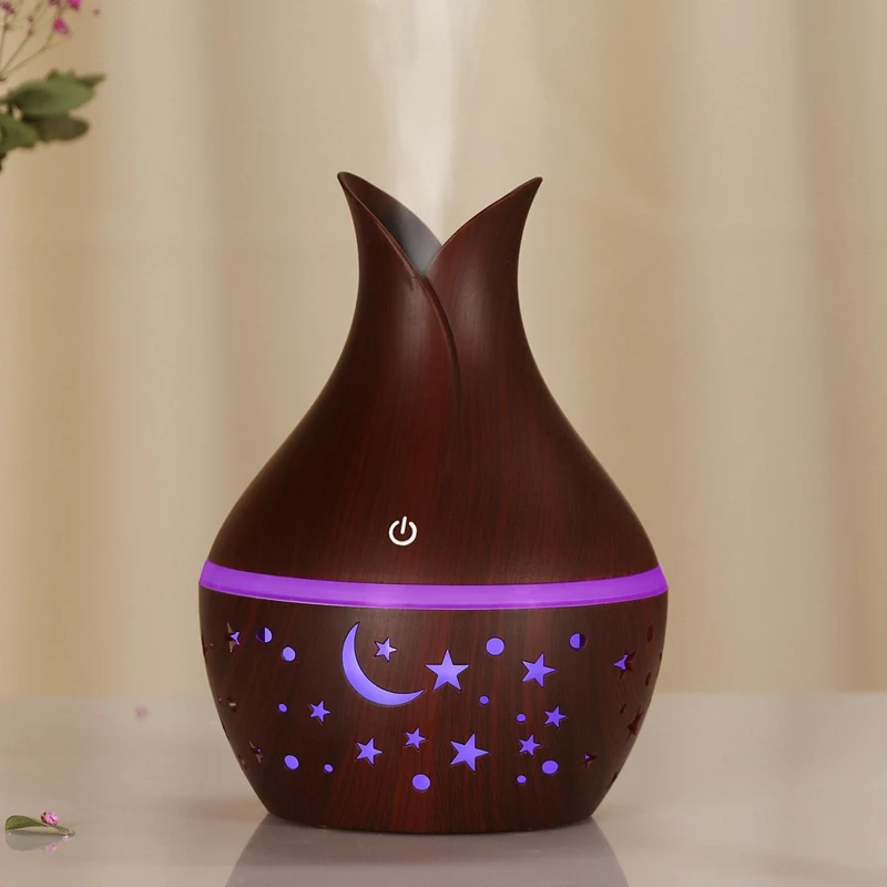 

Usb Ultrasonic Air Humidifier Aroma Essential Oil Diffuser with Wood Grain 7 Color Changing LED Lights for Bedroom Living Room