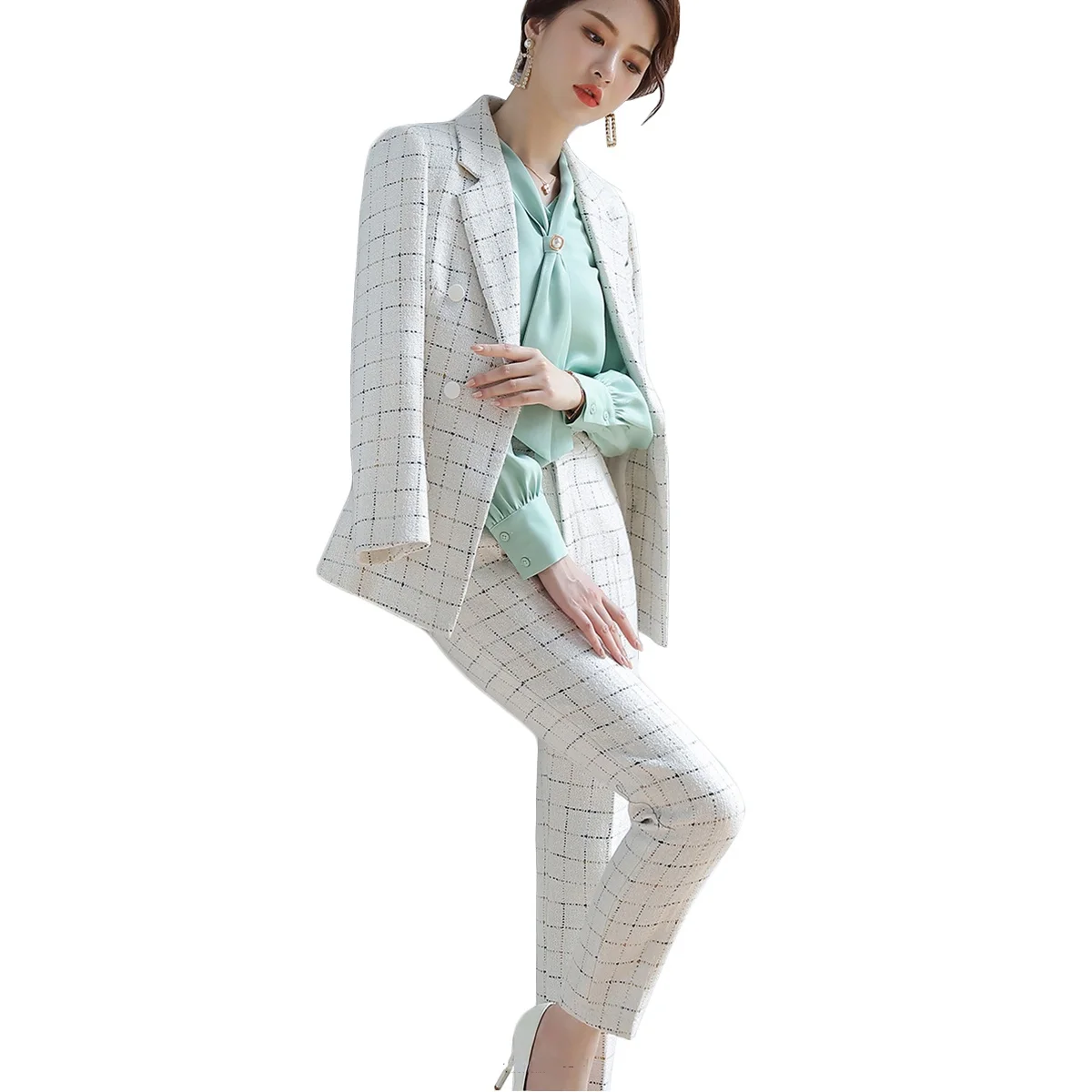 

Formal Work Blazer and Trouser Pant Suit for Women Ladies Fashion Black White Plaid Business 2 Piece Set Women Elegance Suits
