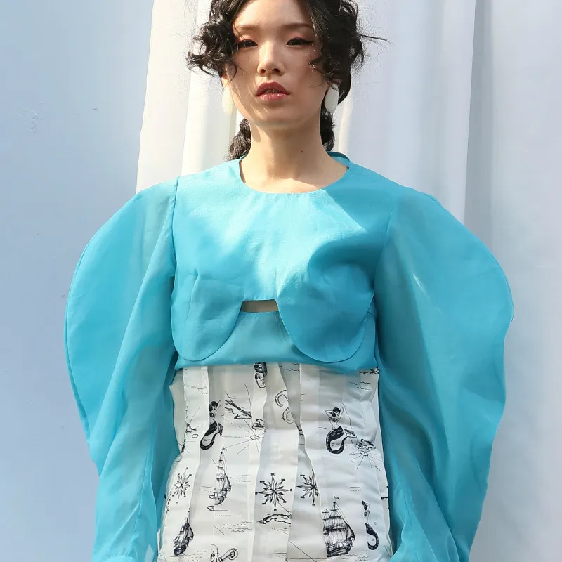 Женский топ из органзы с круглым вырезом и рукавами-фонариками модель R746 на лето