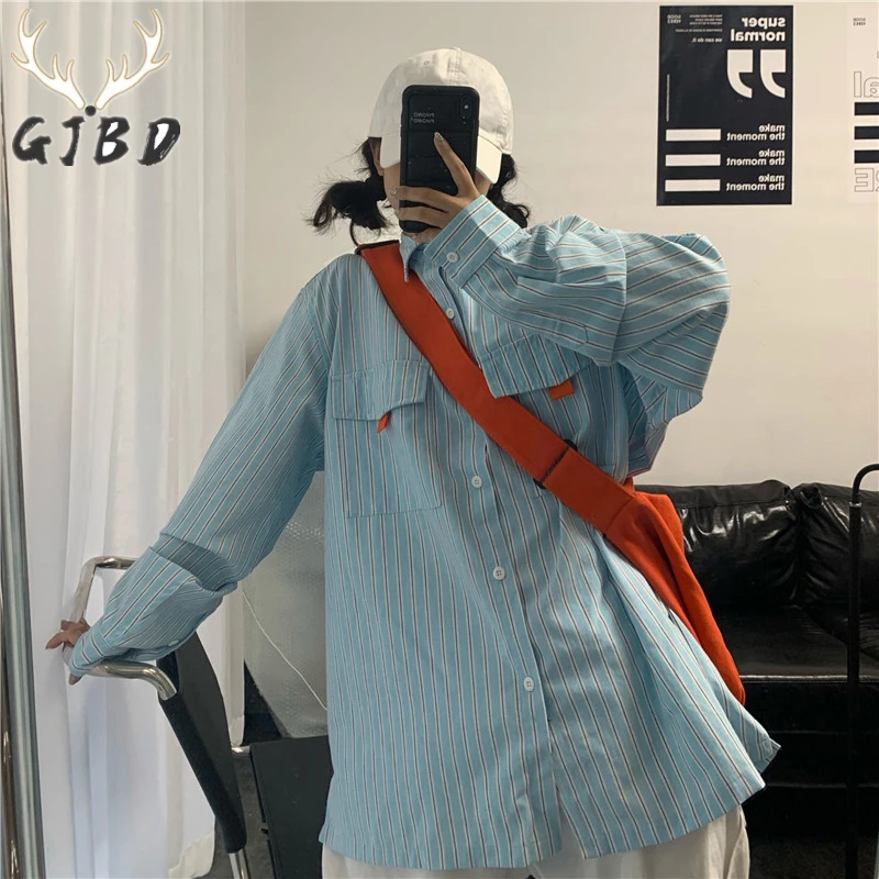 

Long Sleeves Women's Blouse New 2021 Summer Streetwear Blue Polo Collar Vintage Baggy Casual Stripe Cotton TOP Button Up Shirts