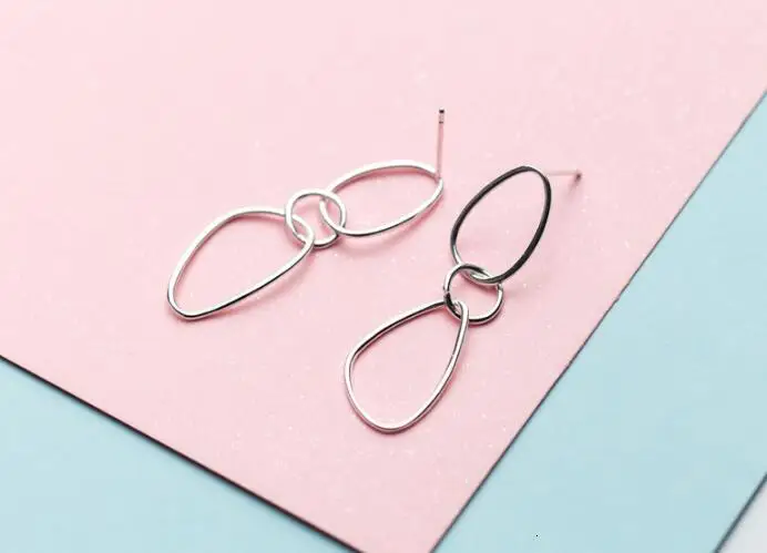 

100% 1pair Real. 925 Sterling Silver Fine Jewelry Geometric Open Circle Dangle Earrings Long gtle1767