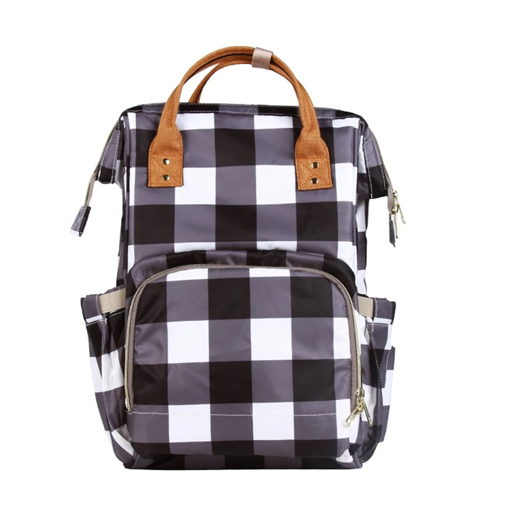 

Fashion Mom Travel Custom Multifunctional High Quality Black and White Plaid Diaper Bag Large Capacity Nylon Mummy Backpack