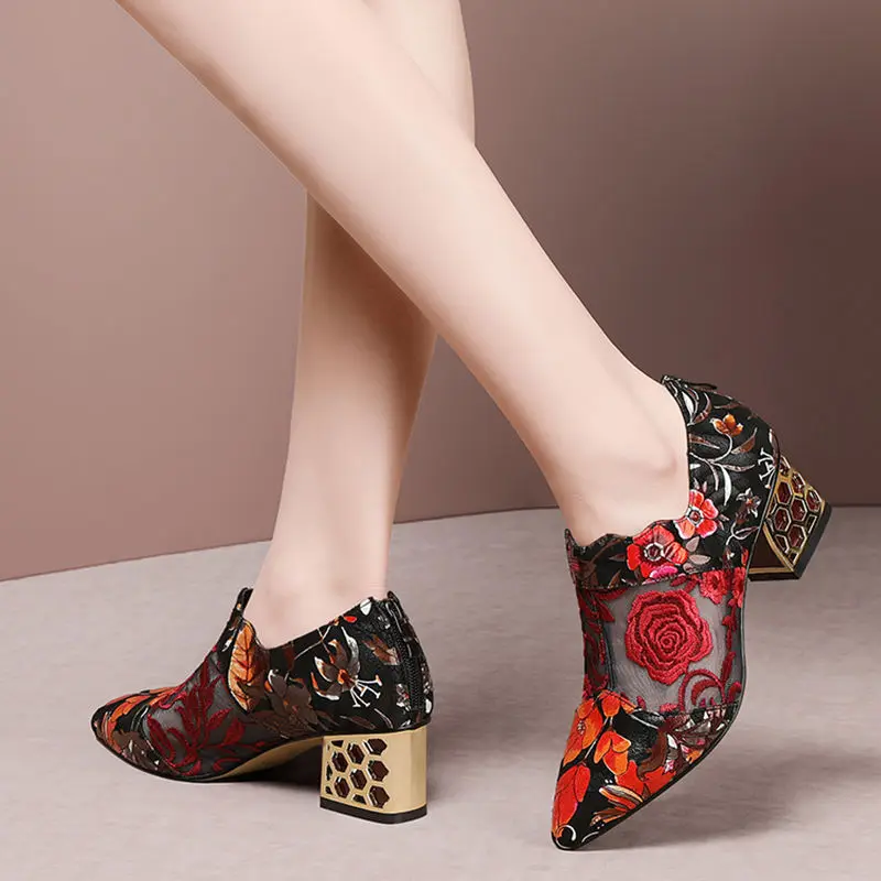 2022 Spring Mesh Shoe Woman,Embroidery Flower High Heels,Ethnic Hand Made Pumps,Pointed toe,Female Footware,RED,BLUE,Dropship