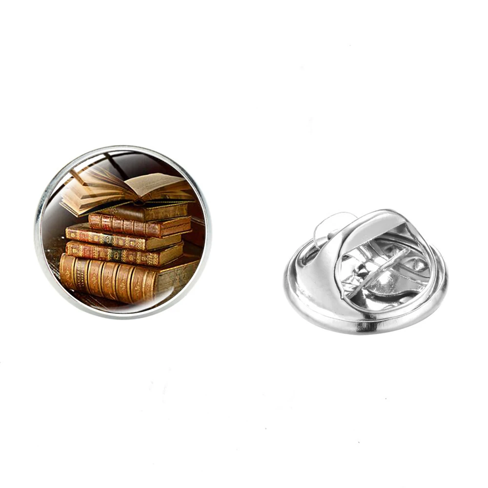 Classic Old Books Series Bookworm Badges Library 3D Print Glass Round Brooch Pins Learning Gift for Teacher Student | Украшения и