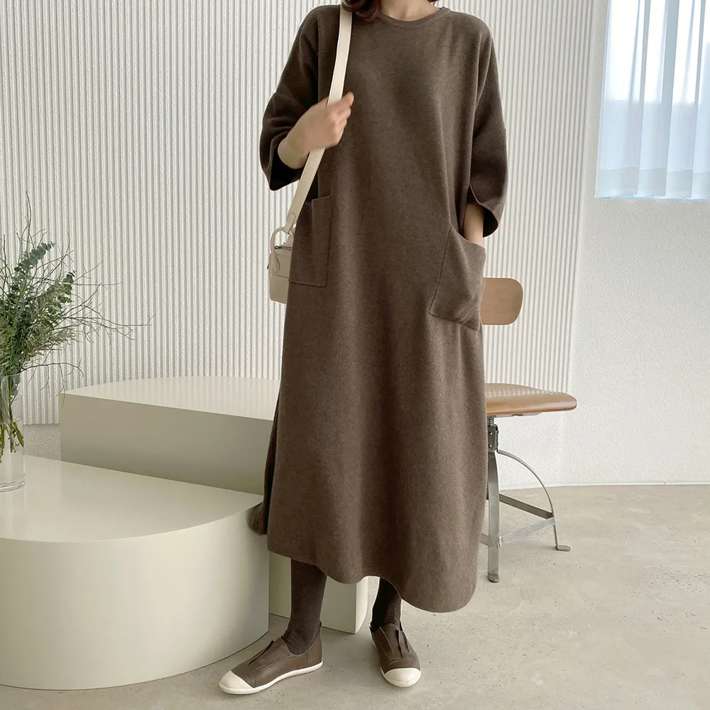 

Korean Fashion 2021 New Autumn Winter Dress Simplicity Loose Casual Pocket Round Neck Long Sleeve Simplicity Long Knit Dress