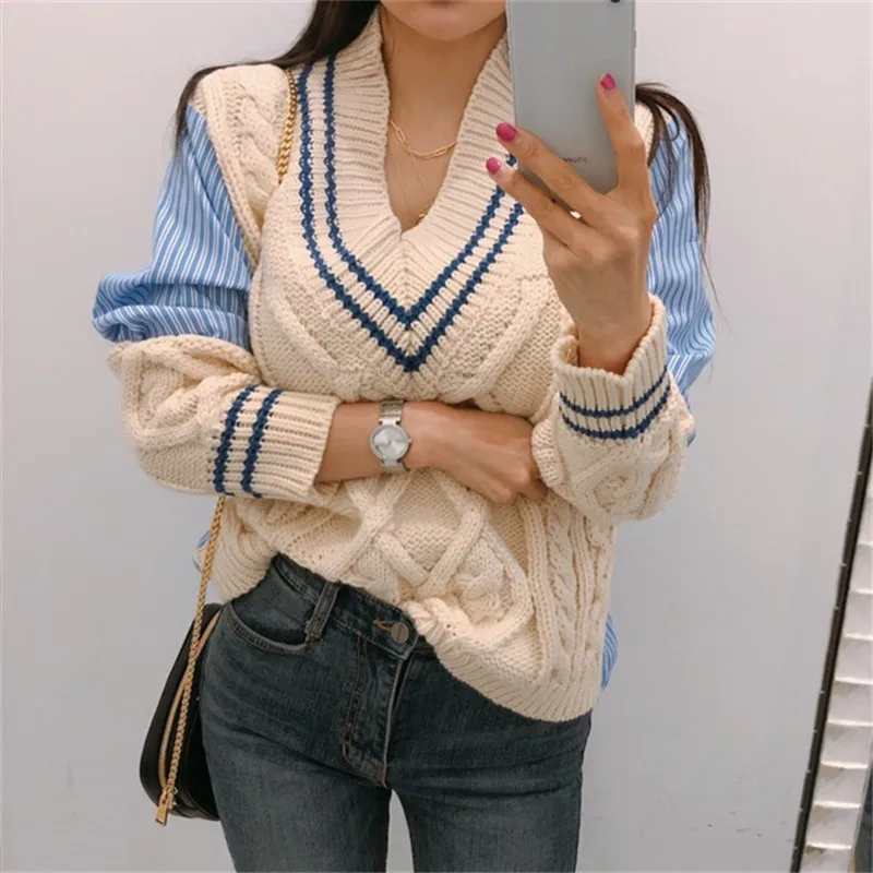 

New 2020 Autumn Winter Women's Sweaters V-Neck Casual Minimalist Tops Fashionable Korean Style Knitting Ladies One Size