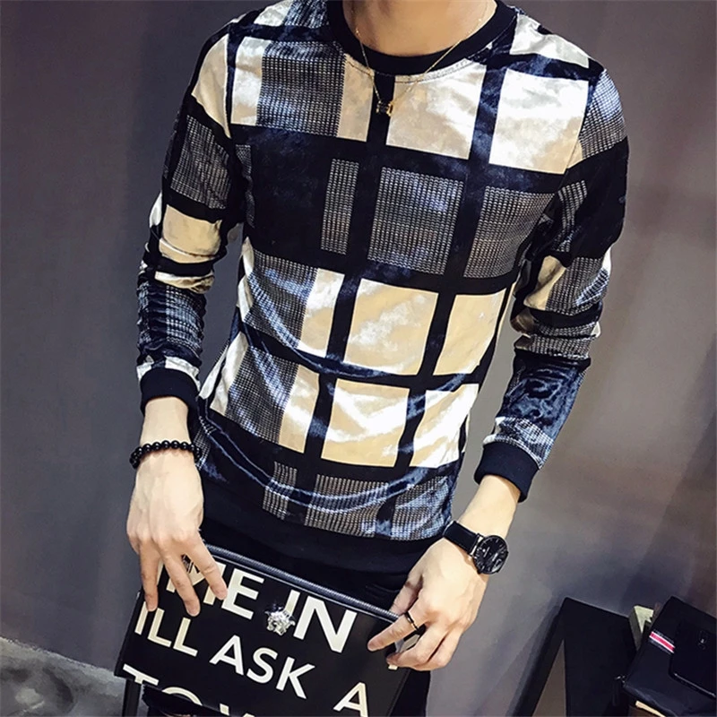 

Velvet Luxury Men's T-Shirt Autumn and Winter Plaid Print T-Shirt Men's Club Clothing Men Slim Long Sleeve O-Neck Velvet T-Shirt