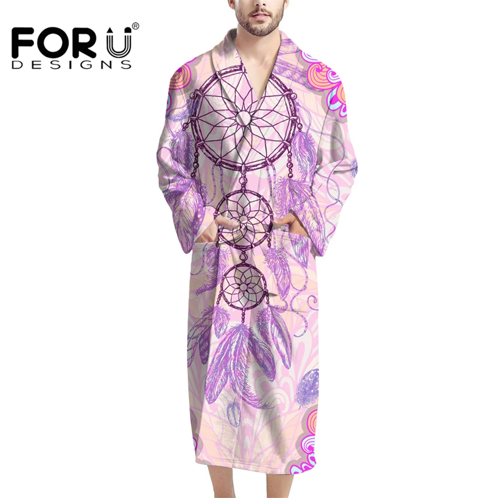 

FORUDESIGNS Dream Catcher Pink Men's Kimono Robe Lightweight Lower Leg Length Sleepwear Shawl Collar Bathrobe with Pockets Belt