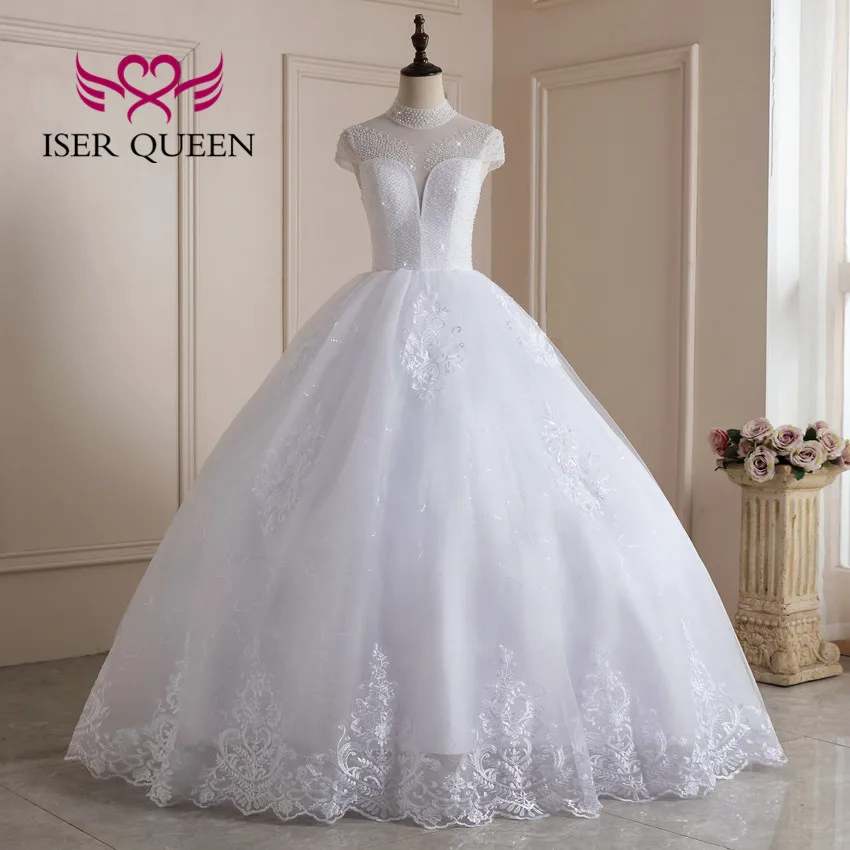 

High Collar Sheer Neck Heavy Crystal Beading Lace Wedding Dress Short Cap Sleeves Appliques Elegant Wedding Gown WX0226