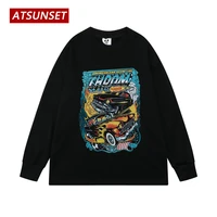 atsunset flame racing print sweatshirt autumn cotton pullover street retro style round neck hoodie tops