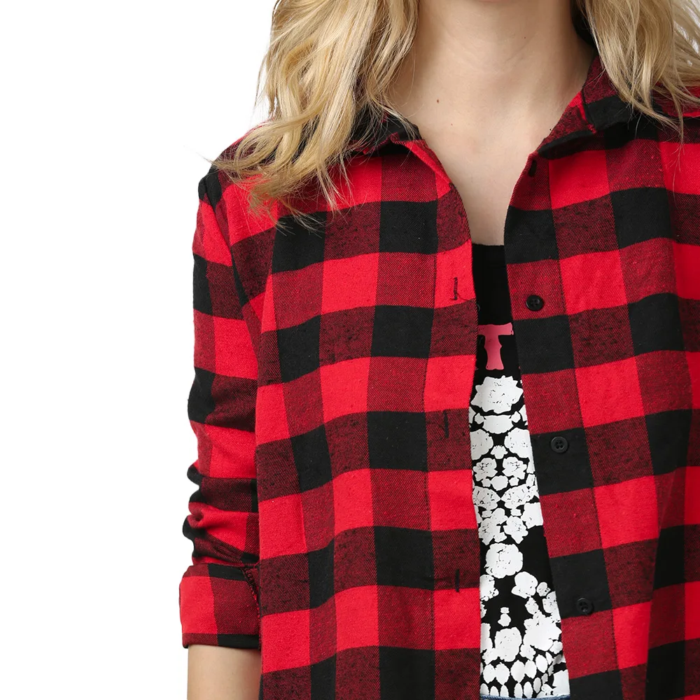 2019 Осенняя Женская модная простая клетчатая рубашка с отворотом топы длинными