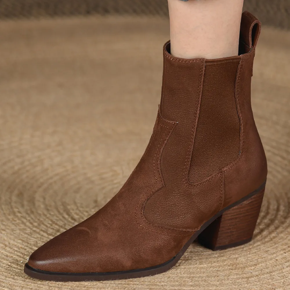 

Women's genuine leather thick high heel elastic slip-on autumn ankle boots pointed toe gradient color retro short chelsea boots