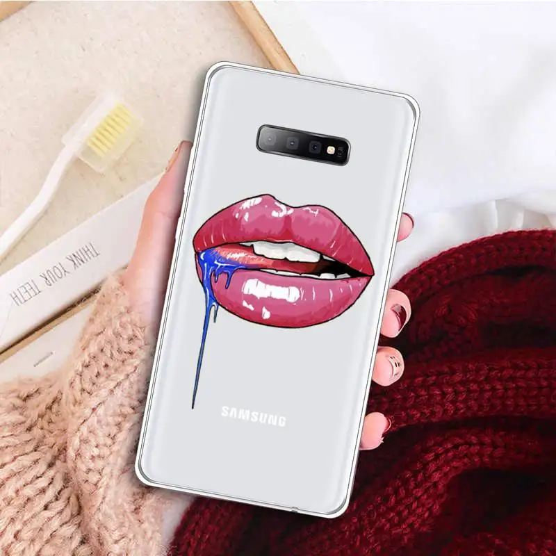 

Sexy lady make up Pink Red lips rolling Phone Case Clear Transparent for samsung A 21s 50 71 S 8 9 20 note 10 20 plus ultra