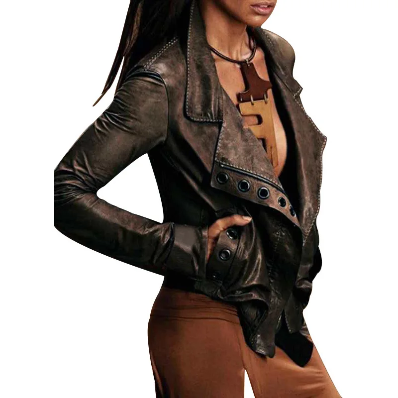 Autumn Winter Western Slim style Long sleeve zipper Short Splicing PU Leather jacket top for women Oversize lapel Retro | Женская одежда