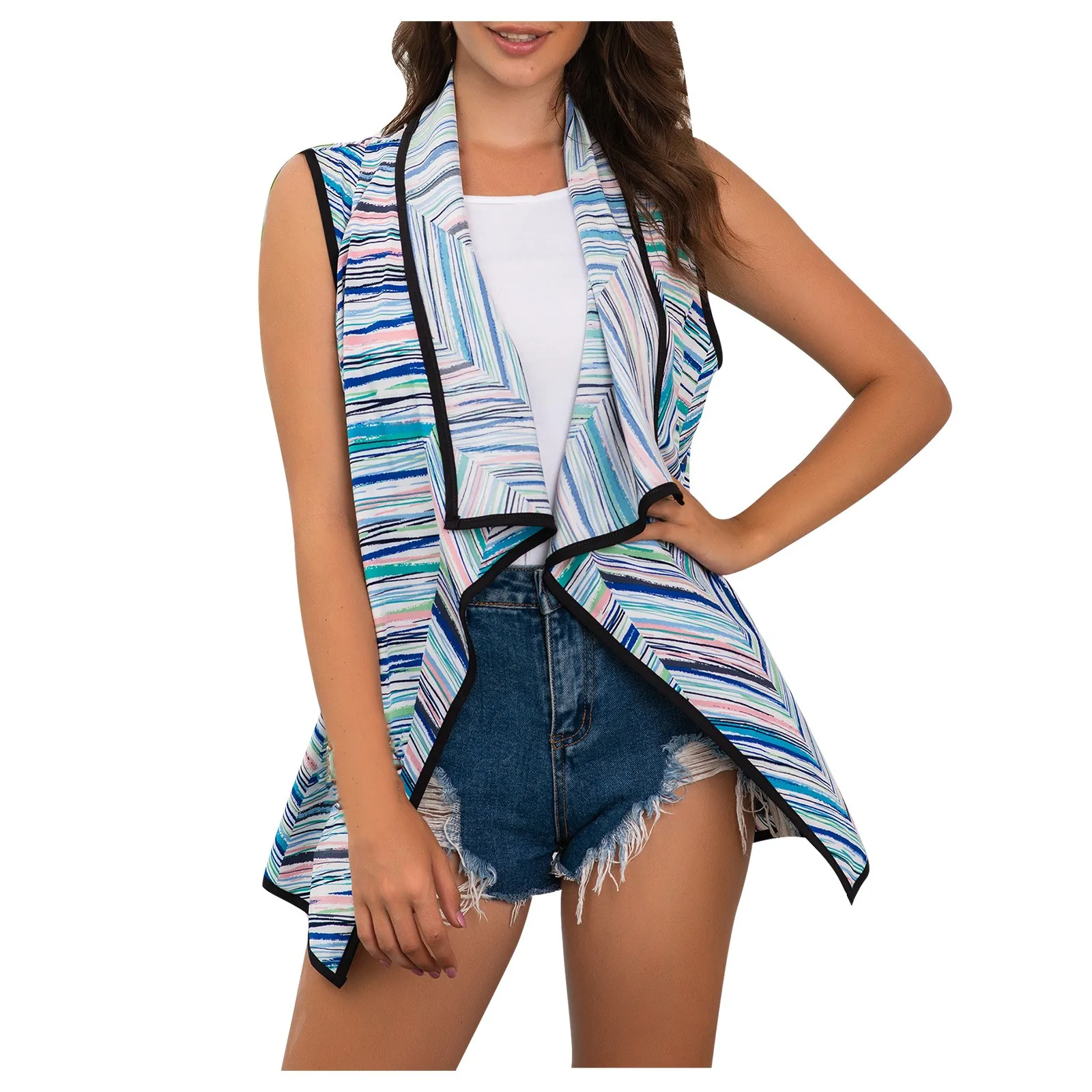 

Colorful Sleeveless Fashion Cardigan Lapel Stripes Women's Casual Jacket Vest Women's Coat Jacket