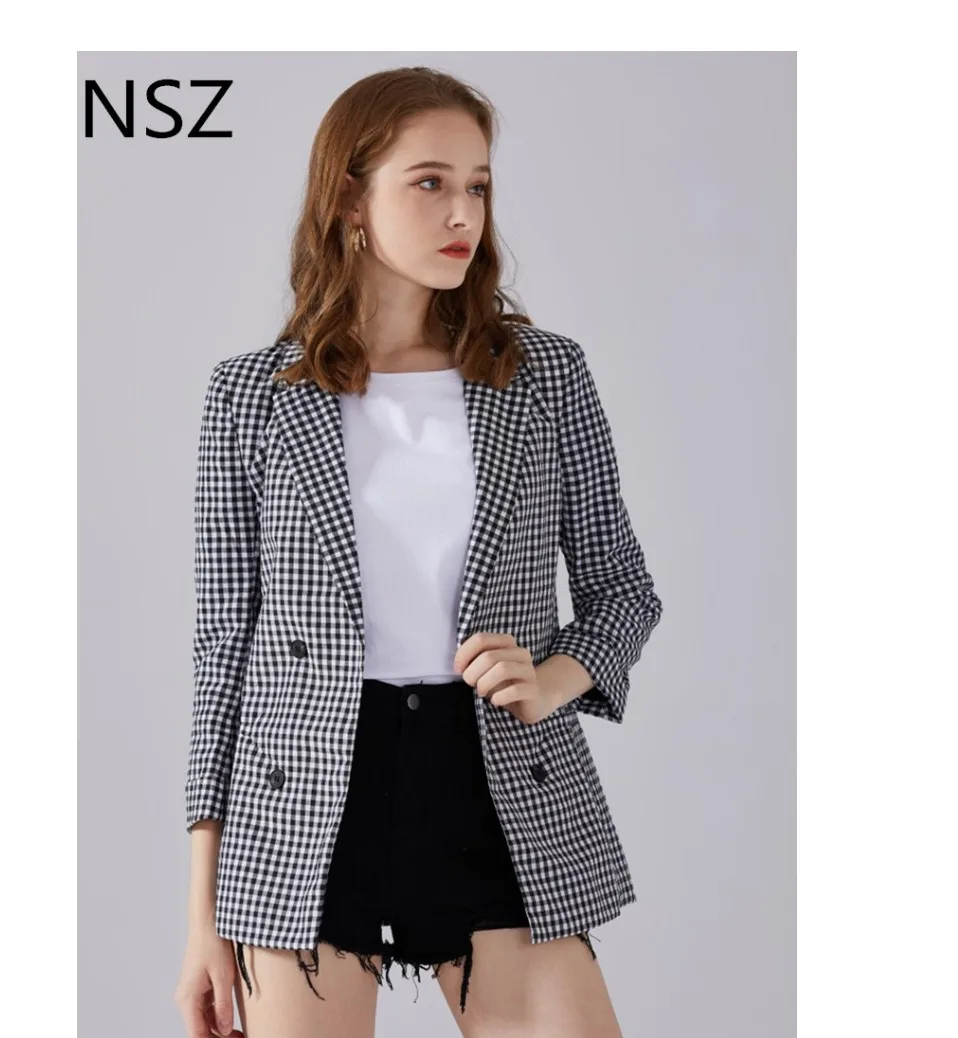 NSZ для женщин клетчатый пиджак черный и белый клетчатый хлопок двубортный офисная работа элегантное пальто женская верхняя одежда