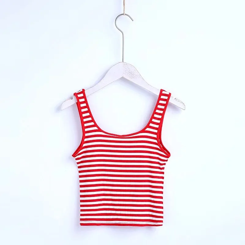 Кроп Топ женский облегающий в красную полоску базовый хлопковый топ на лямках