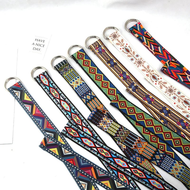 

Metal D Ring Buckle Canvas Belts Waist Strap Jeans Dress Trouser Decoration Waistband Ethnic Style Print Waist designer luxury