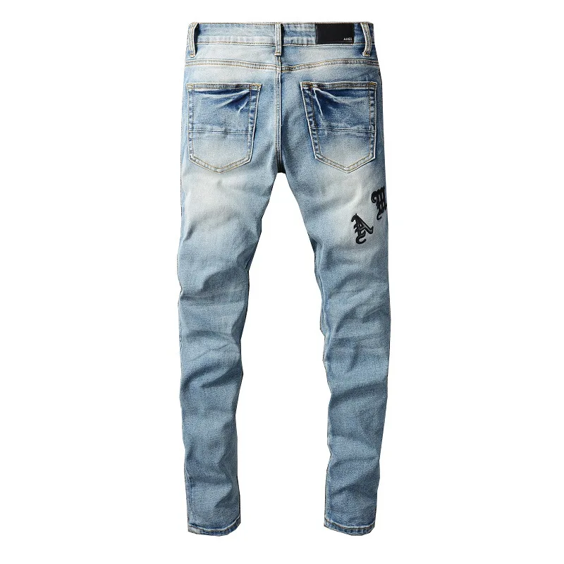 

2021 New AMI Men's Pants Ripped Jeans Embroidered Patch Slim Skinny Men's Pants