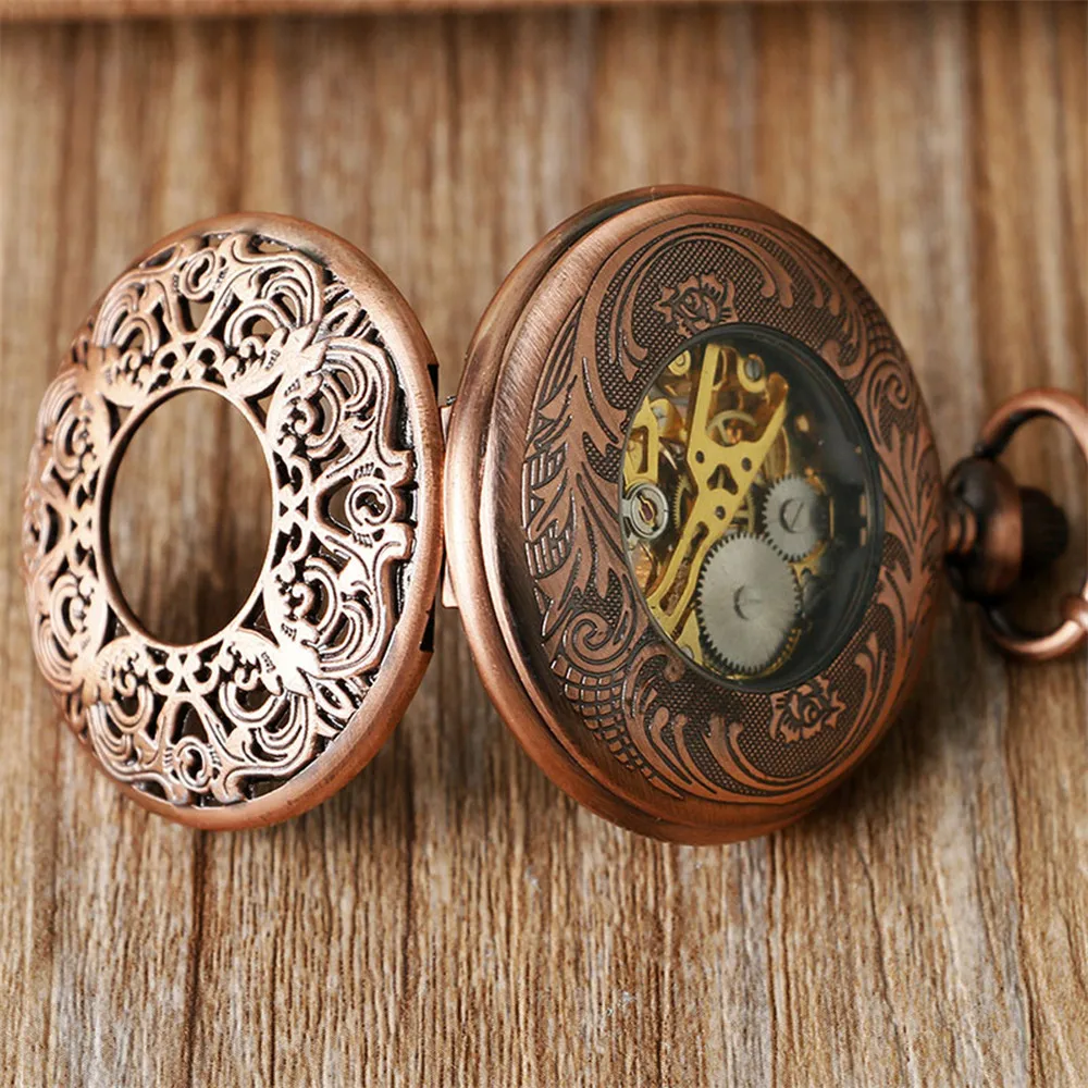 Rose Gold Hollow Pattern Hand Winding Mechanical Pocket Watch Pocket Chain Pendant Manual Mechanism Pocket Clock Vintage Gifts