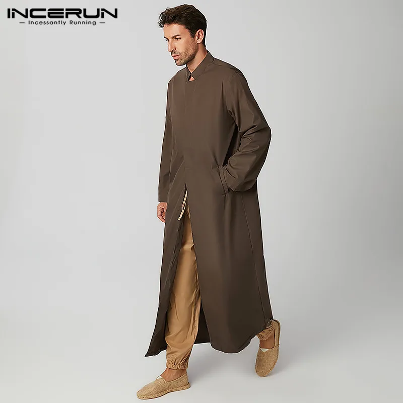 

Men Muslim Kaftan Islamic Arabic Long Sleeve Retro Jubba Thobe Solid Button Stand Collar Middle East Dubai Robes Caftan INCERUN