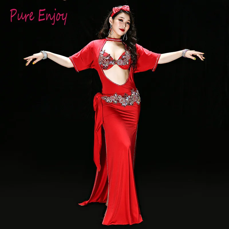 Красный Фиолетовый Костюм Танца Живота 5 Шт. Набор Женщины Bellydance Роскошный Египетский Стиль Galabeya Танцевальное Платье Спектакли