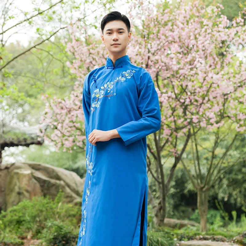 ТВ Китай костюм Человек синий хлопок и лен вышитый Мастер Китайский