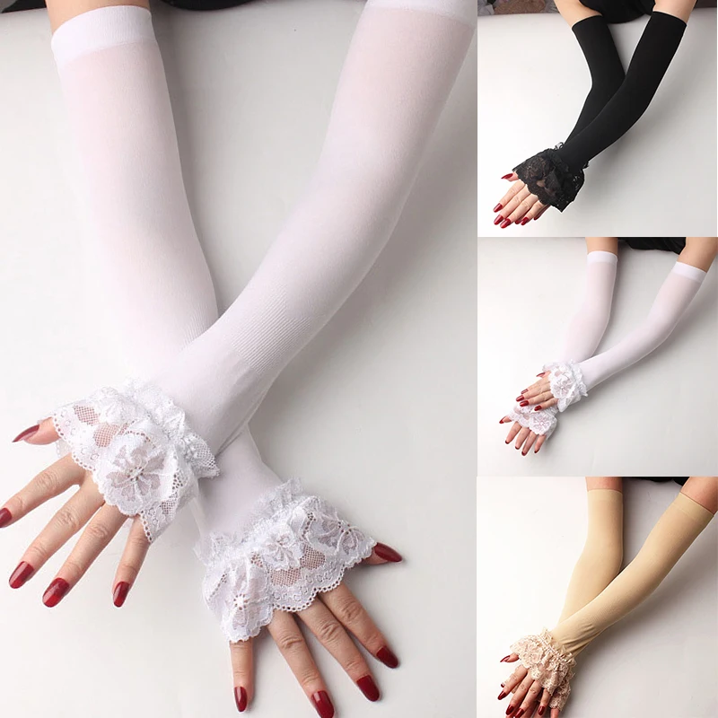 

1 Pair Men Women Arm Warmers Summer Arm Sleeves Ice Silk Lace Sun UV Protection outdoor Drive Sport Travel Arm Cover White Black