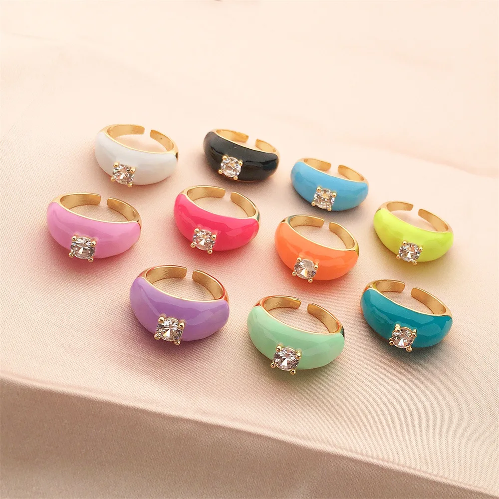 Multicolor Enamel Oil Dripping Zircon Women's Open Ring Adjustable Gold-plated Charm Finger Party Jewelry Gift | Украшения и