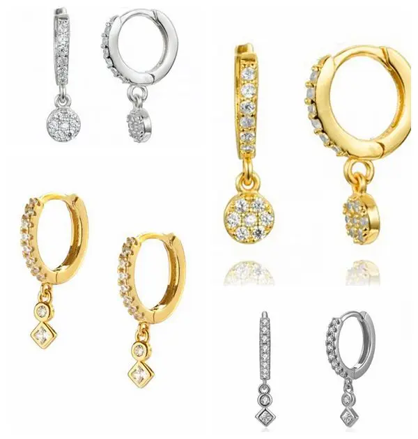 

925 Silver Ear Buckle Geometric Crystal Pendant Hoop Earrings for Women Round Rhombus Drop Earring Fashion Females Jewelry Gift