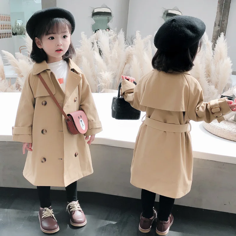 2020 girls' windbreaker middle and small children's autumn new double-breasted casual jacket mid-length coat children | Детская