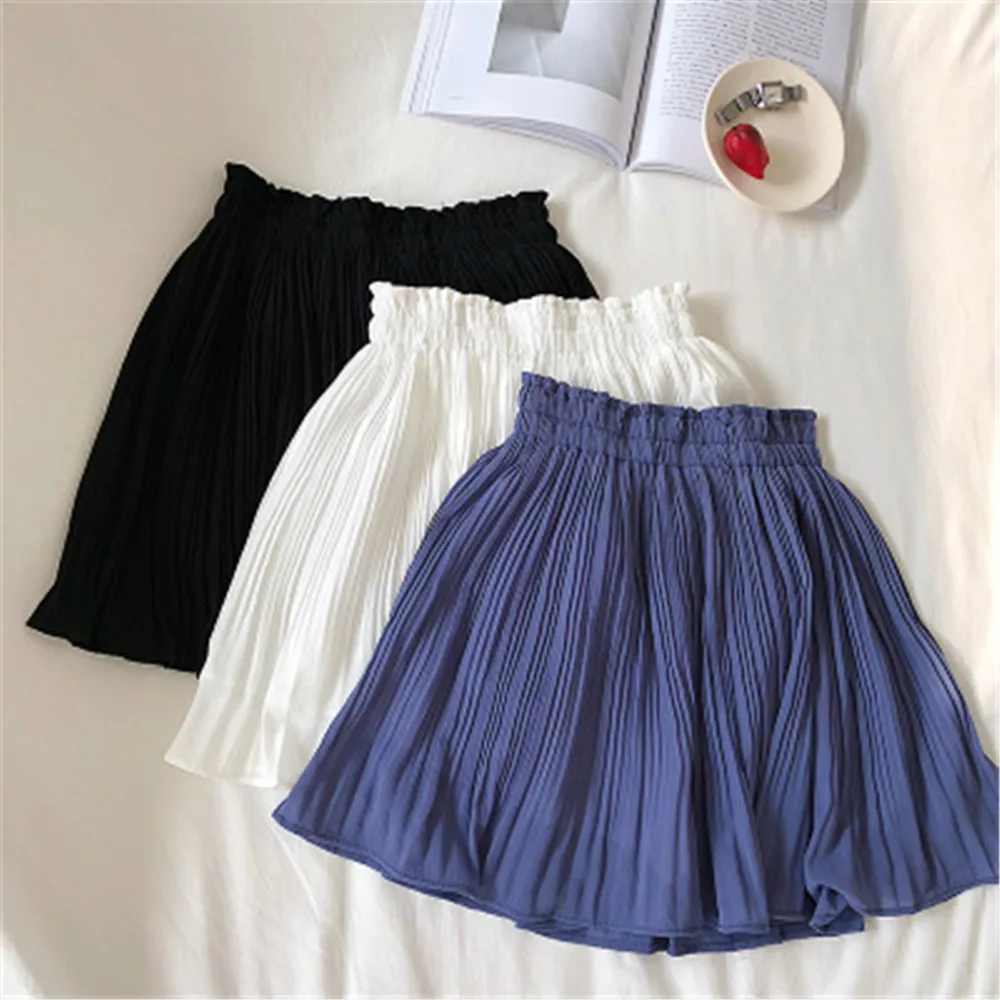 

2021 Spring Summer Korean Chiffon Pleated Mini Skirt Womens High Waist Skirt Pants Sweet Ladies Elastic Waist Slim Skirts