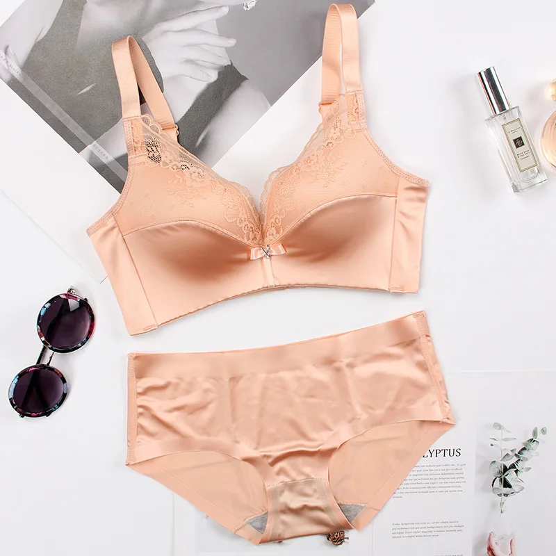 nude bra set Meizimei, кружевной deepV сексуальный бюстгальтер без косточек, комплект нижнего белья пуш-ап для женщин, маленький размер, бюстгальтер для девушек, тонкие трусики, бюстгальтер для девочек, ABC cup - Цвет: nude bra set