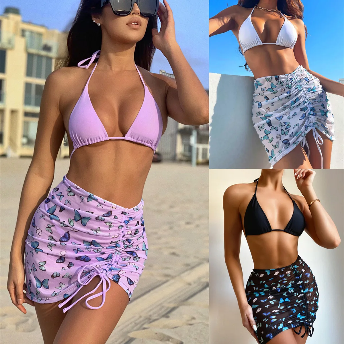 

3-piece High Waist Swimsuit Women Designer Bathing Suit Bikini Set Butterfly Print Beachwear Top Bra Swim Wear Women 2021 New