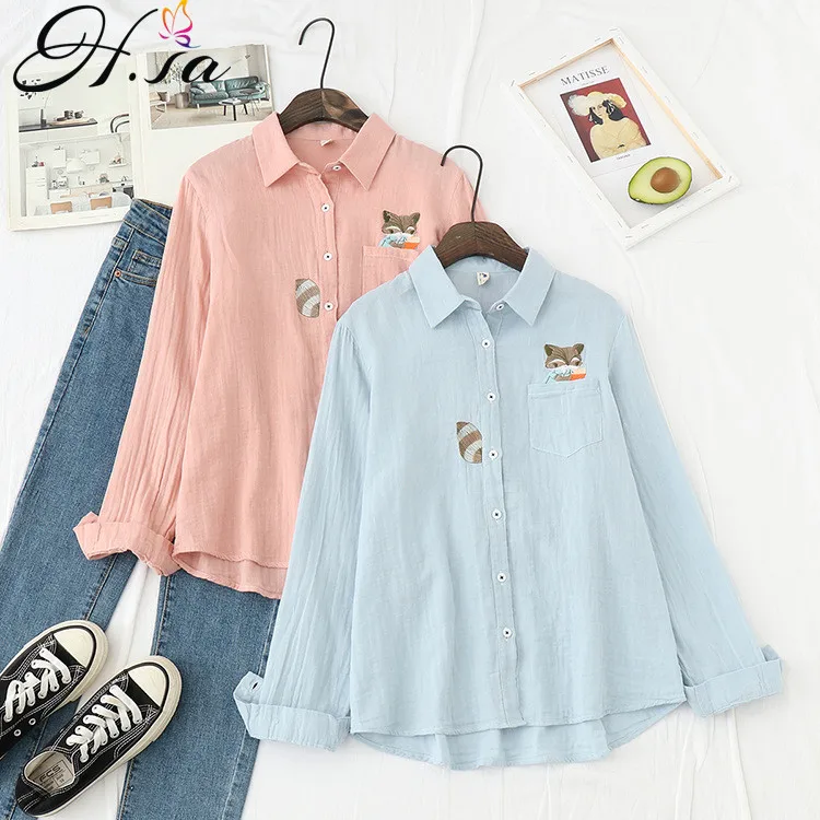 H. SA/новая весенняя женская одежда с вышивкой лисы из мультфильма блузка и топы