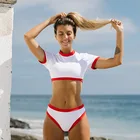 Новый костюм бикини Modx с коротким рукавом и круглым вырезом, пикантный пляжный купальник с высокой талией, женский летний купальник из 2 предметов, 2021