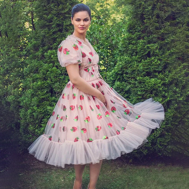 

Strawberry short dress French strawberry two-color mesh dress women dress birthday dress for women