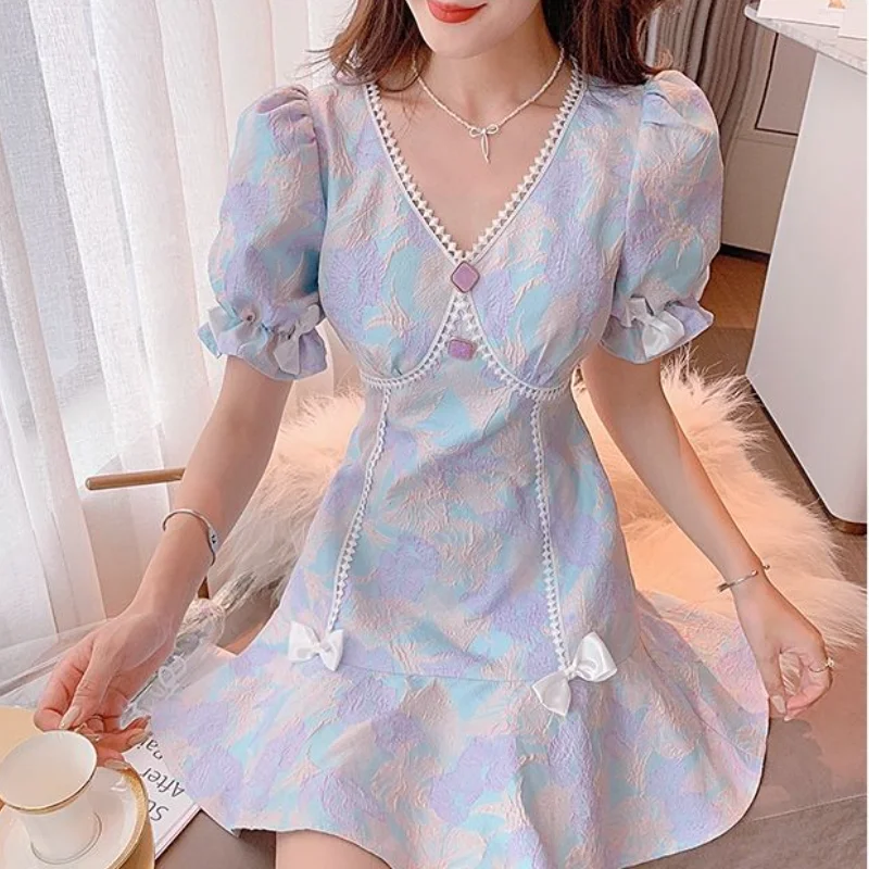 

Summer 2021 Kawaii Sweet Print Mini Dress Women Elegant Designer V-neck Short Sleeve Korean Clothing Outdoor Holiday Bow Dresses