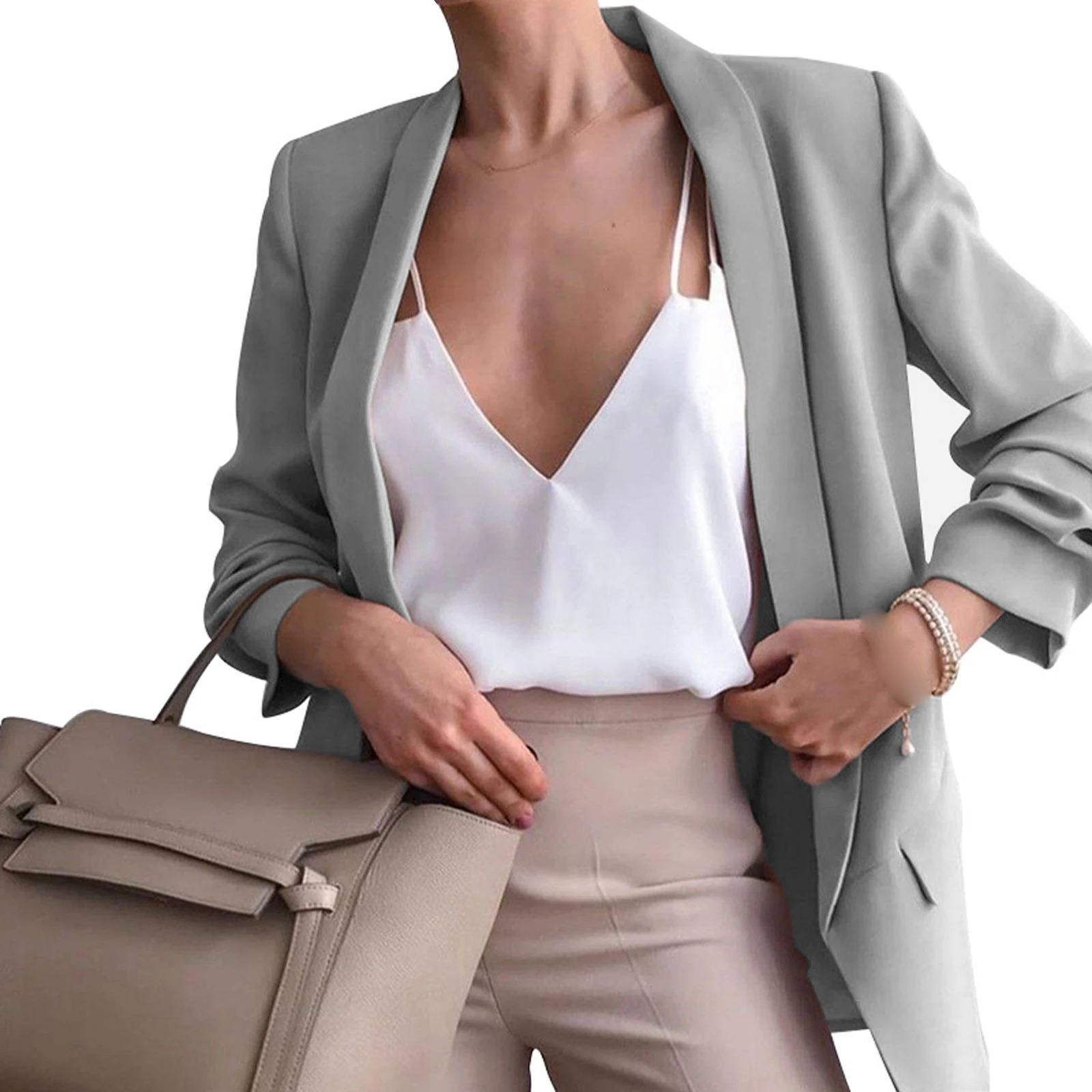 

2021 Women Suit Jacket, Solid Color Lapel Long Sleeves Open-Front Loose Formal Coat for Ladies, 8 Colors