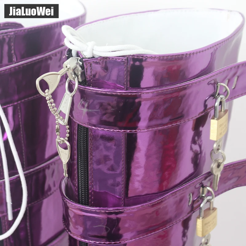 18CM Extreme High Heel Platform Lace-up Lockable Zip Padlock Buckle Strap Sexy Fetish Knee-High Boots Metallic Purple | Обувь