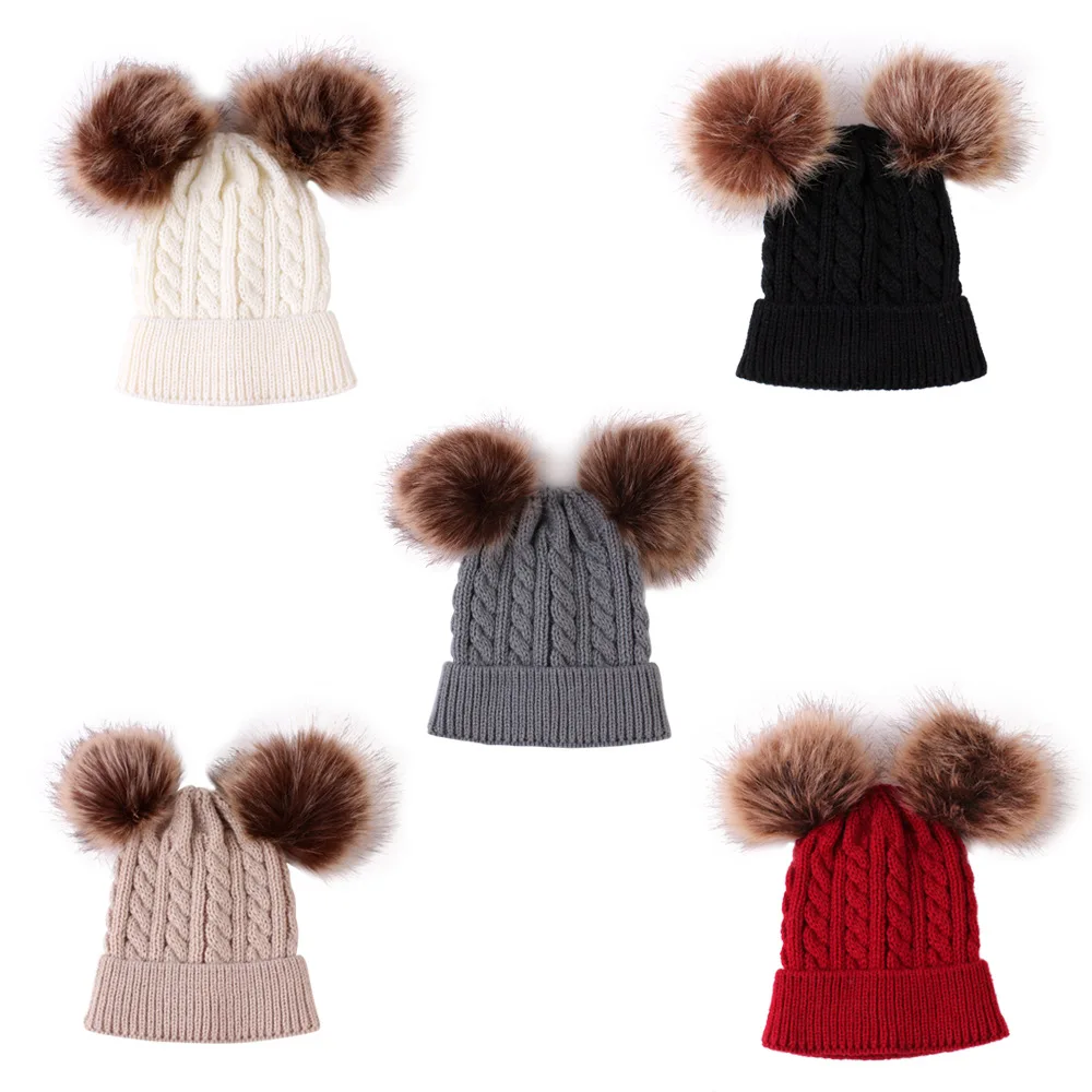 

Children Winter Infant Newborn Kids Baby Wool Knitted Hat Cap Beanie With Two Double Pom Pom Beanie For Cute Boys Girl 1-3Years