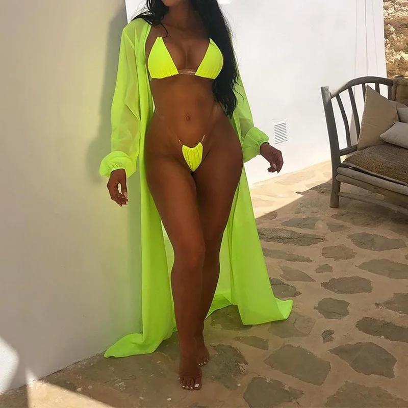 

Hot Sale 2021 Summer Sexy Women Three Colors 3-Piece Beach Swimsuit Full Sleeve Long Coat Halter Skiny Bikini Suit Set Bather