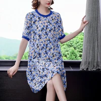 summer blue floral short sleeve midi dresses 2021 vintage m 4xl plus size beach chiffon dress elegant women party vestidos