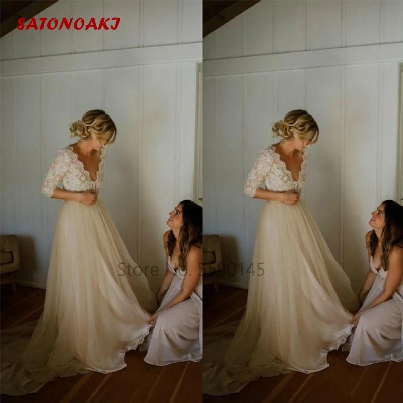 

2020 Beach Boho Lace Wedding Dress 3/4 Long Sleeve Illusion V Neck Tulle A Line Garden Outdoor Bridal Gowns Vestido De Novia