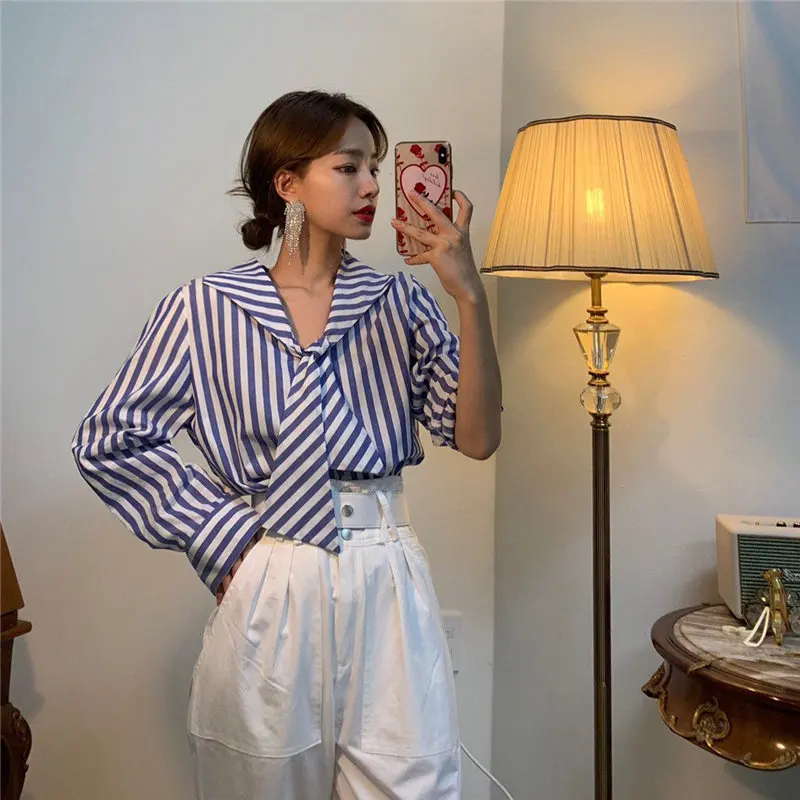 Рубашка Alien Kitty в Корейском стиле шикарная Осенняя блузка синюю и белую полоску с