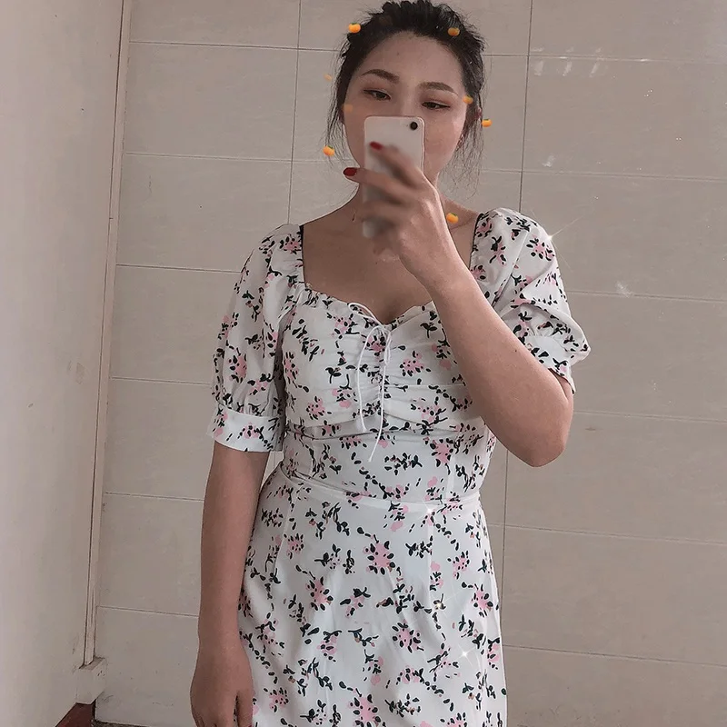 

ROPALIA Female Fashion Short Sleeve Chiffon Dress Square Collar Floral Dress Backless Sexy Summer Dress