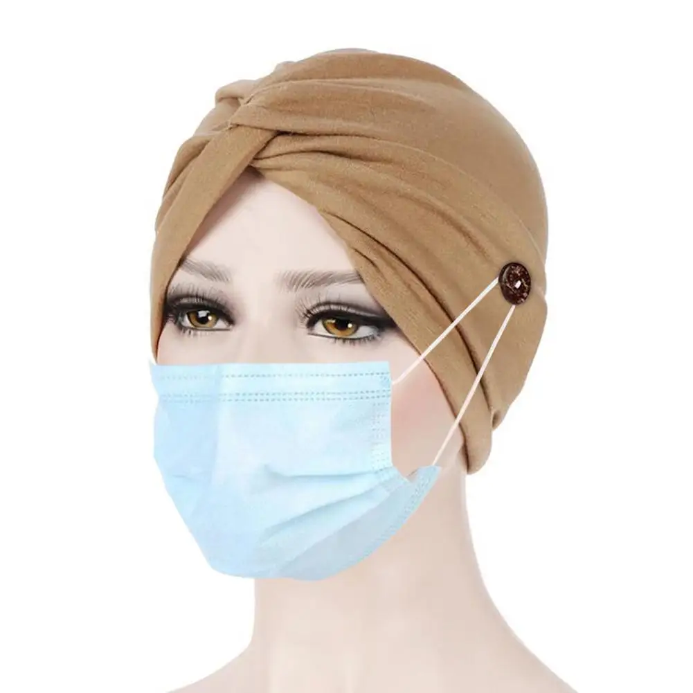 

Fashion Solid Color Women Cross Knot Soft Button Beanie Skull Cap Muslim Turban Stretch Solid Color Headcover Hight Quality