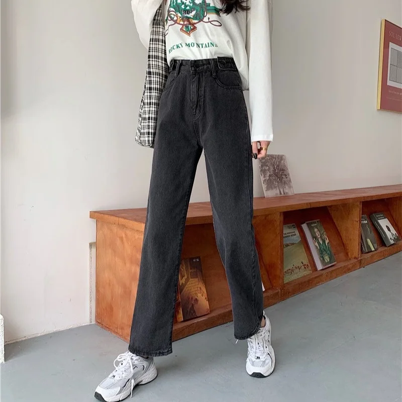 

Loose Straight Jeans Women Autumn 2021 New High Waist Student Trousers Woman's Thin Wide Leg Denim Pants Female Black Gray