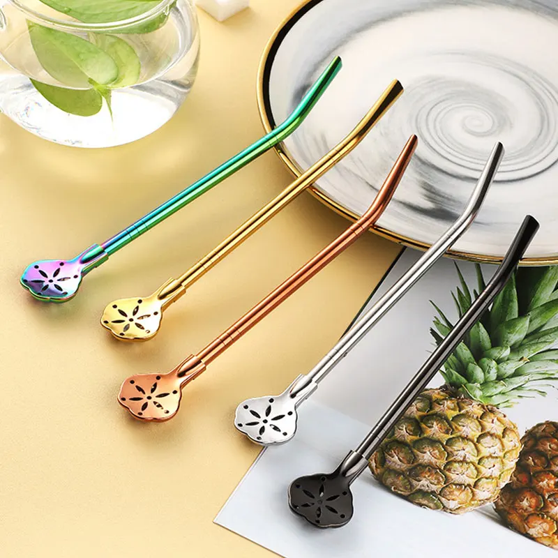 

1PC Stainless Steel Straw Spoon Dual-use Filter Straw Spoon Petal-shaped Colander Delicate Detachable Bar Accessories